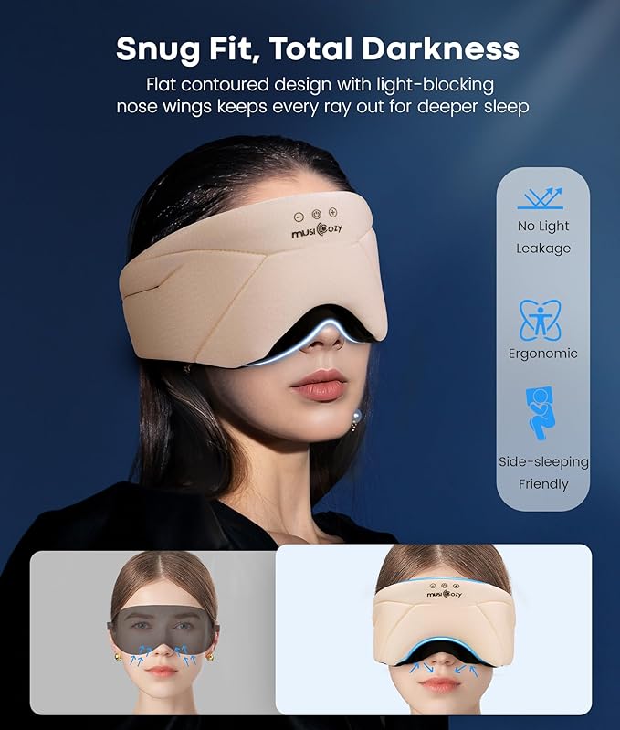 MUSICOZY Bluetooth 5.4 Sleep Headphones Bundle, Zipper Washable Eye Mask with HD Stereo Speakers Bluetooth Sleep Mask, 14H Playtime Wireless Music Headphones for Side Sleepers, Travel, Relaxation