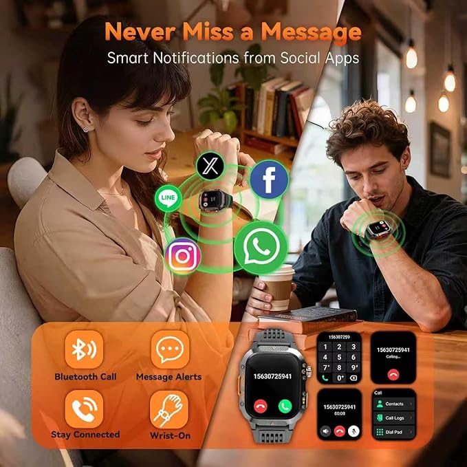 Military Smart Watches for Men, 1.7" Hd Fitness Tracker Ith Multiple Sports Modes, 600mah Battery for Android iOS, Ip68 Waterproof/Spo2 Monitor/Flashlight/Message Alerts (Square Black)