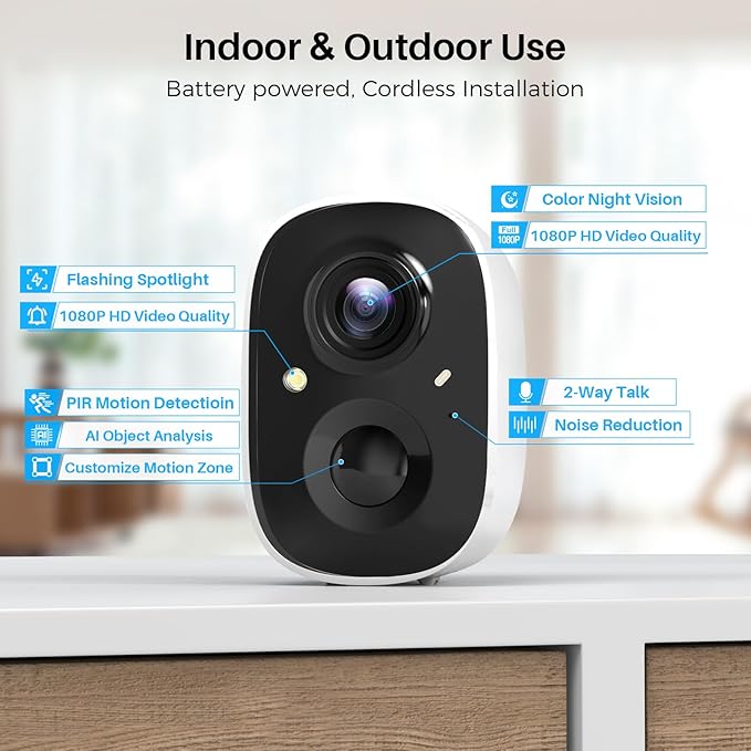 Security Cameras Wireless Outdoor, 2K Battery Powered WiFi Wireless Security Camera Outdoor, AI Motion Detection, Color Night Vision IP66 Weatherproof 2-Way Talk Siren Alarm SD/Cloud Storage, 2 Pack
