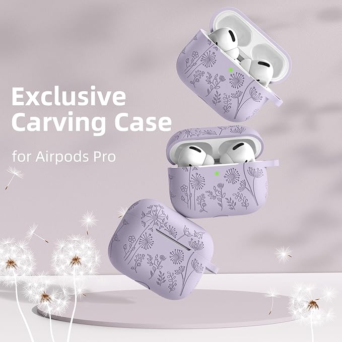 Lerobo Compatible with Apple Airpod Pro 2 Case, Flower Engraved Soft Silicone Skin Cover, Full Protective Cover for AirPod Pro Case USB C for Girls Cute, Front LED Visible, Lavender
