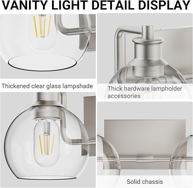 Tipace 2 Lights Modern Bathroom Vanity Light Fixtures Over Mirror Brushed Nickel Industrial Vanity Lights with Globe Clear Glass Farmhouse Wall Sconces Fixture(Exclude Bulb)