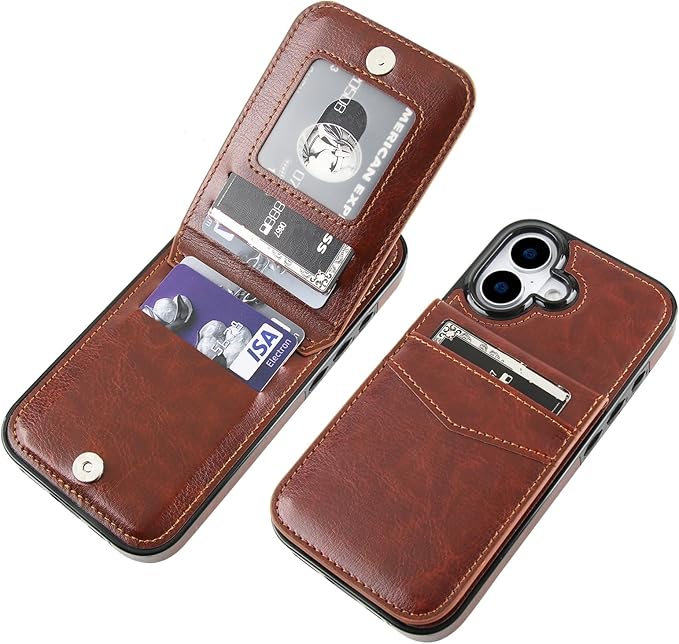 KIHUWEY Compatible with iPhone 17 Case Wallet with Credit Card Holder, Flip Premium Leather Magnetic Clasp Kickstand Heavy Duty Protective Cover for iPhone 17 6.3 Inch (Brown)
