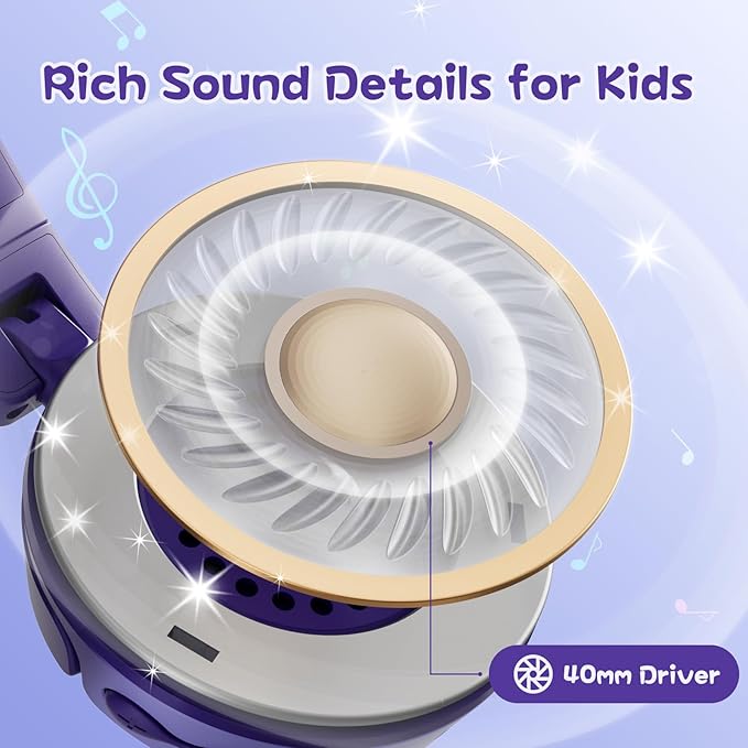 S62 Kids Bluetooth Headphones, Wireless Headphones for Kids Over Ear with Microphone, 85/94dB Volume Limiter Headset for Girls Boys, Foldable Headset for Learning & Entertainment-Purple