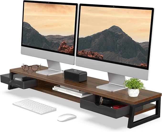 Fenge Dual Monitor Stand, Monitor Riser with Drawer, 42.5 Inch Large Computer Monitor Stand for 2 Monitors, 2 Tier Wooden Desk Shelf for Top of Desk