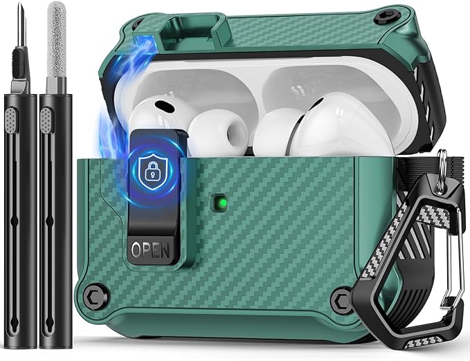 Compatible with AirPods Pro 3 Case,Magnetic Automatic Lock with Cleaning Kit,Compatible with Magsafe,Carbon Fiber Texture Cover-Green