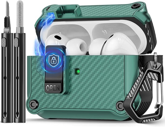 Compatible with AirPods Pro 3 Case,Magnetic Automatic Lock with Cleaning Kit,Compatible with Magsafe,Carbon Fiber Texture Cover-Green