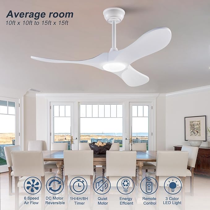 42 Inch Ceiling Fan with Lights and Remote control, Reversible DC Motor Wood Ceiling Fan with Remote Control, 3 Blades White Modern Ceiling Fans with Light for Outdoor Indoor Living room Patios