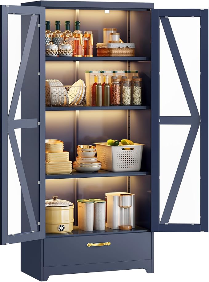 YITAHOME Kitchen Pantry Cabinet with Lights, 61" Metal Storage Cabinets with Adjustable Shelves, Organizer Cabinet with Barn Doors, Freestanding Cupboard with Drawer for Dining Living Room, Navy Blue