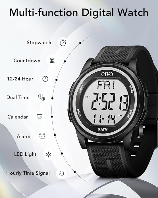 CIVO Digital Watches for Men Women: Sports Waterproof Wristwatch with Stopwatch Alarm Date - LED Backlight Big Numbers Silicone Watch for Outdoor Camping Running Cycling