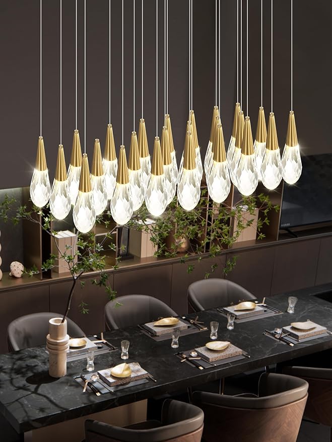 Rectangular Chandelier 24-Lights LED Dimmable Raindrop Chandeliers for High Ceiling Large Chandelier Light Fixture Gold High Ceiling Pendant Lights for Villa Living Room Staircase
