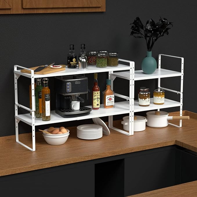Expandable Cabinet Shelf Organizer, Stackable Kitchen Pantry Counter Storage, Adjustable Closet Cupboard Stand Rack Risers Spice Organization 80LBS Heavy Duty White Small 1 Pack
