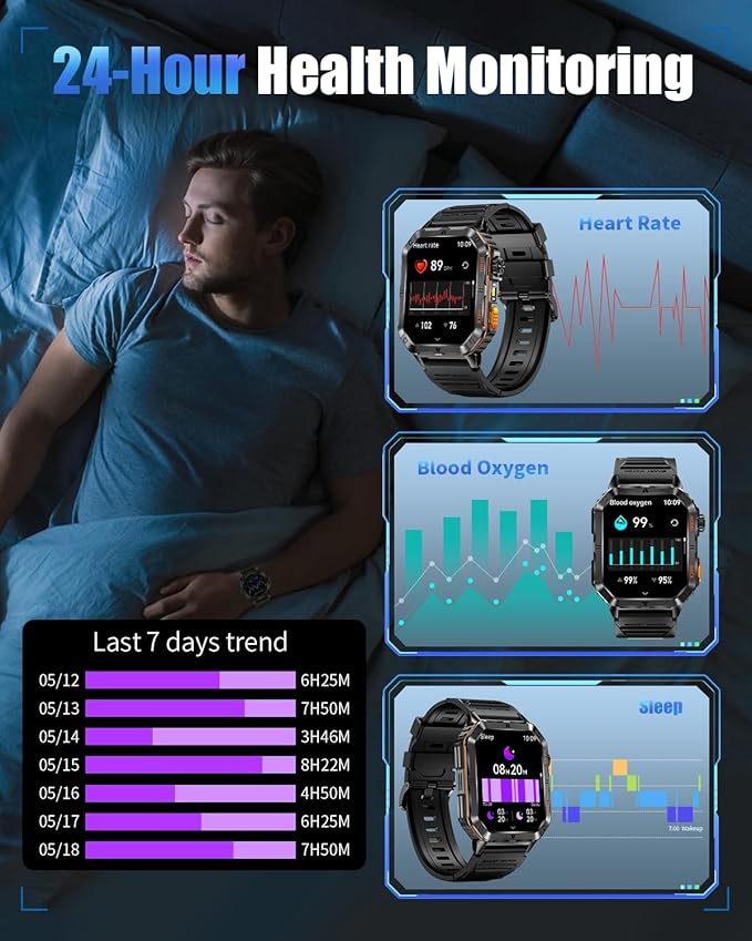 Military Smarty Watch for Men, 2.01" Smartwatch with 1200mAh Battery, Flashlight, Answer/Make Calls, Heart Rate/Sleep Monitor 100+ Sport Modes Fitness Tracker for Android/iPhone