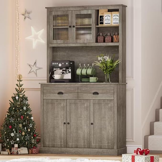 GarveeHome Pantry Cabinet with Drawers and Adjustable Shelves, 71" Tall Freestanding Kitchen Cabinet with Microwave Stand, Kitchen Hutch for Dining Room, Rustic Grey