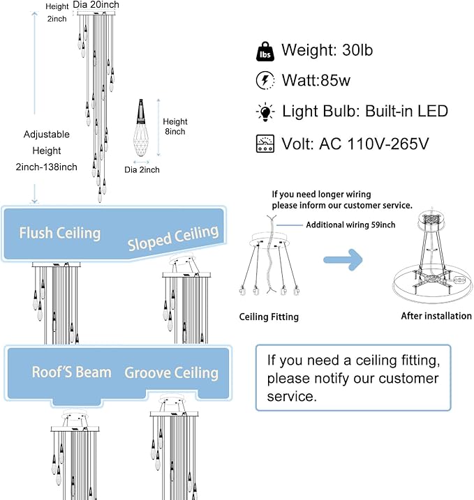 20 Lights Large Chandelie for High Ceiling Black Pendant Light Fixture with Dimmable Big Crystal Chandelier for Staircase Foyer Villa