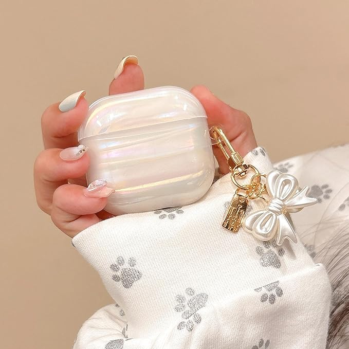 for Airpod 4 Case Cute Luxury Glitter Pearl Shell Protective Cover with Bowknot Keychain Compatible with AirPods 4th Generation Case 2024 for Girls Women (Bow Colorful)
