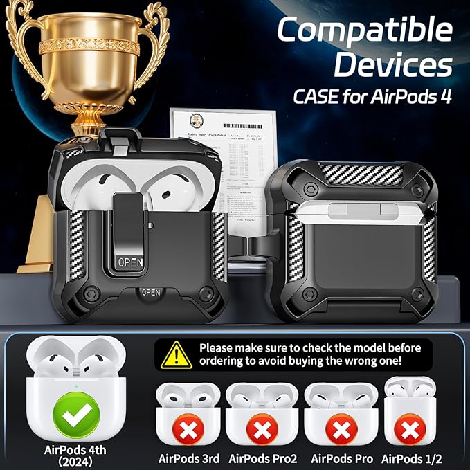 Secure Lock Case for AirPods 4 with Phone Strand, Cleaning Kit & Keychain, Shockproof Protective Cover Compatible with Apple AirPods 4th Gen 2024 for Men Women, Anti-Scratch