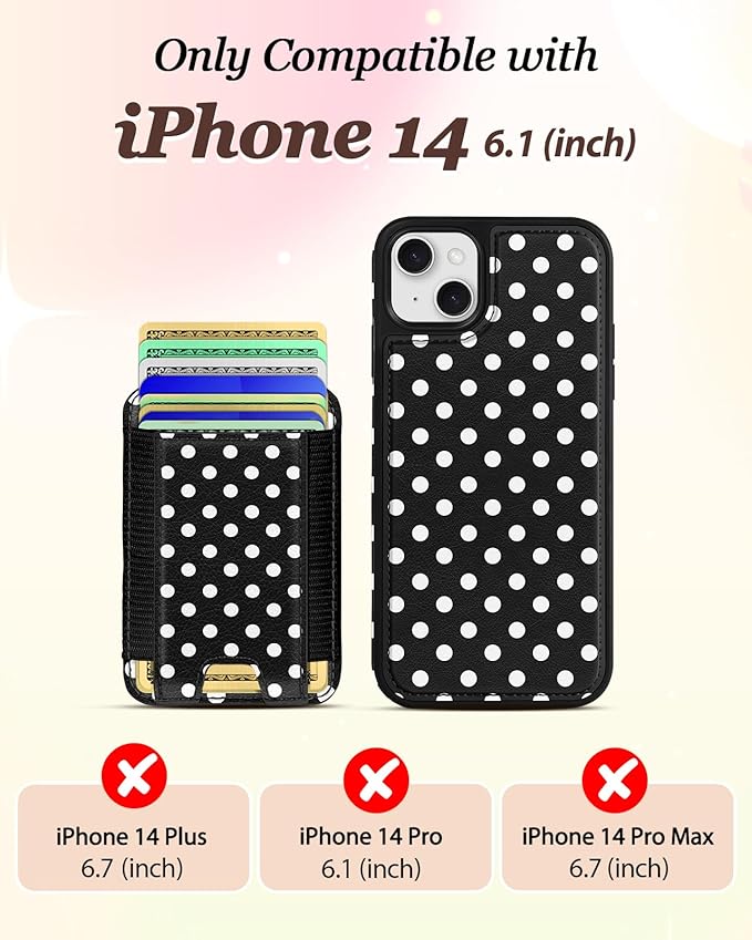 Shorogyt for iPhone 14 Wallet Case - Fits 5 Cards, Compatible with Magsafe Detachable Magnetic Credit Card Holder Leather Cardholder Cute Phone Cover Women Girls for Apple 14, Polka Dots