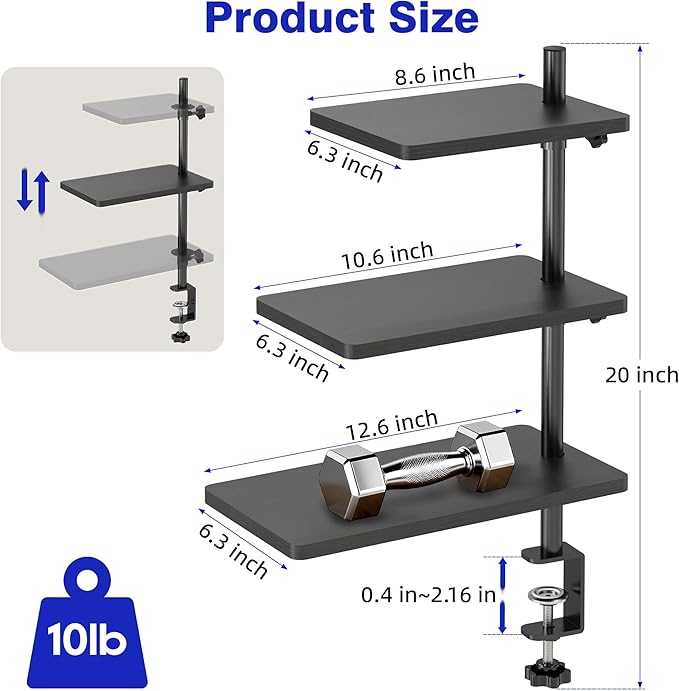 3 Tiers Clamp On Desk Shelf, 360¡ã Angle Adjustable Desktop Shelf Organizer for Home Office Gaming Room, No Drill Desk Extender Adapt to 0.4-2.16 inches Table Thick, Black Brown