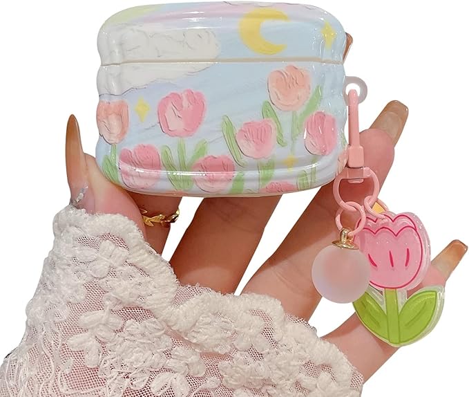 Cute Airpod Pro 2 / Airpod Pro Case Flower with Floral Keychain Wave Shape Soft TPU Protective Cover Compatible with AirPods Pro 2nd Generation Case for Girls Women (Tulip Pink)