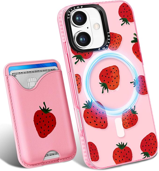 Toycamp for iPhone 16 Plus Case - Compatible with Magsafe Credit Card Holder Wallet Magnetic Cute Women Teen Girls Kawaii Girly Unique Strawberry Design Phone Cover for Apple 16 Plus 6.7"