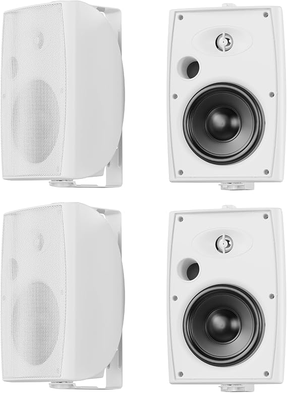 STUDIOFINIX 6.5 Inch Max 800W Outdoor Bluetooth Speakers Waterproof Wired with Multifunctional Amplifier Wall Mount Outdoor Speaker System for Patio Garden Poolside Home(4 Speakers,White)
