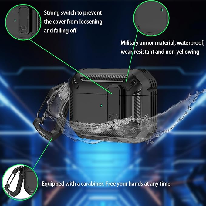 for AirPods Pro 3 Case, Secure Lock Cases Cover with Carabiner Compatible with Airpods Pro 3rd Generation Case, Full Body Shockproof Protective AirPod Case for Men Women(Black All)