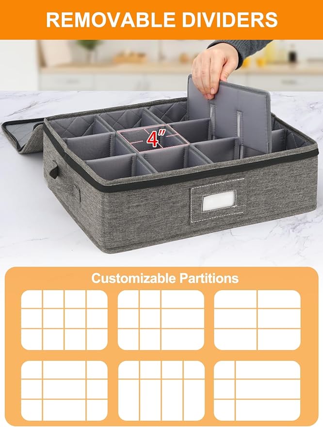 punemi Rigid China Storage Containers 5-Piece Set with Dividers, Quilted Stackable Plate & Dish Storage Protectors, Adjustable Mug and Cup Storage Organizer for Moving and Dinnerware storage, Grey