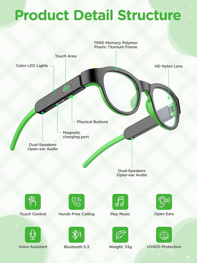 Kids Blue Light Glasses with Bluetooth Audio,Smart glasses,RGB 7-color light, Kids Smart Glasses Gifts