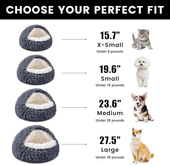 NOYAL Round Hooded Donut Dog Bed for Small & Medium Pets - Plush Fluffy Anti-Anxiety Cat Cave Bed with Cover