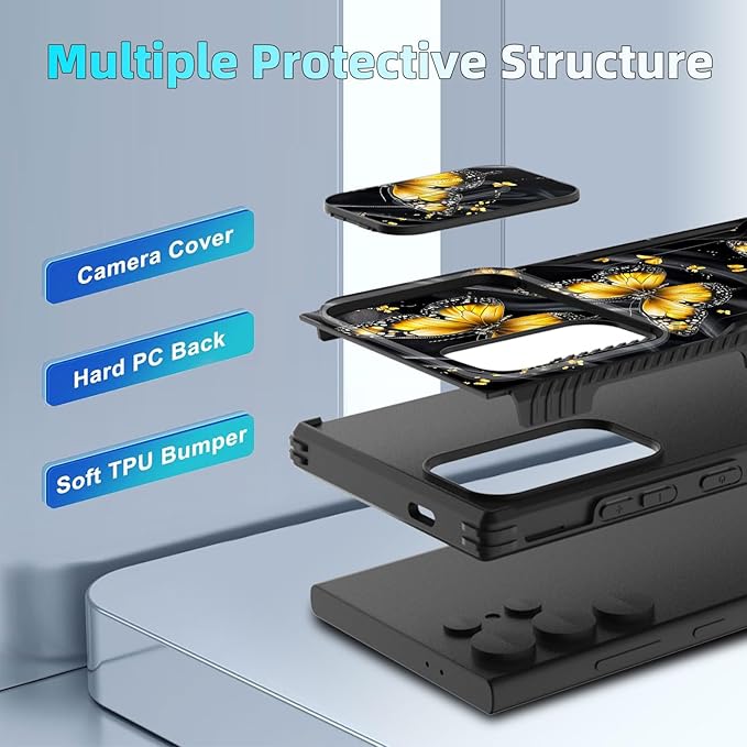 for Galaxy S26 Ultra Case Built in Slide Camera Lens Cover,Heavy Duty Shockproof Protection Dual Layer Case for Samsung Galaxy S26 Ultra 6.9" 2026,Yellow Butterfly
