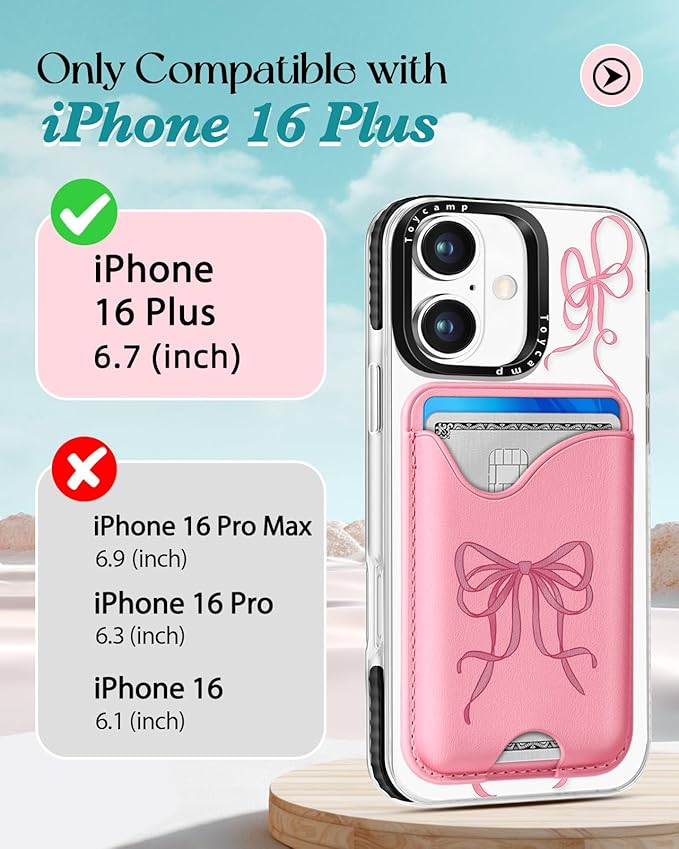 Toycamp for iPhone 16 Plus Case - Compatible with Magsafe Credit Card Holder Wallet Magnetic Cute Women Teen Girls Kawaii Girly Unique Bow Design Phone Cover for Apple 16 Plus 6.7"