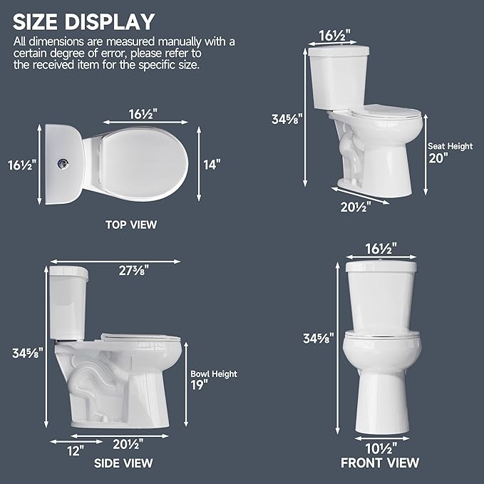 Compact Tall Toilet 19 Inch for Small Bathroom Space 1.1/1.6 GPF Tornado Dual Flush - Two Piece Comfort ADA High Toilet for Seniors, 19 Inch Bowl Height, 20 Inch Seat Height, White
