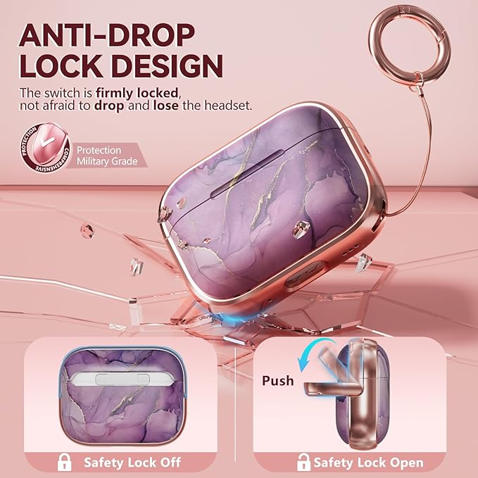 Inesore for AirPods Pro 2nd Generation Case Cover with Lock, Flowers Cute Air Pods Pro 2 Case Hard iPod Pro Cases for Women Girls with Cleaner Kit (2023 USB-C /2022/2019) -Purple Gold Marble