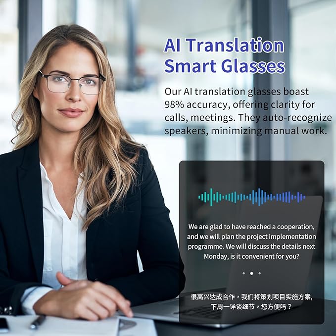 Al Smart Glasses for Men Women - Bluetooth Translation Glasses with 169 Languages, Photochromic Lenses-UV/Blue Light Protection, Music & Calls, Al Vioce Assistant, Travel Meeting Business Trade-Gold