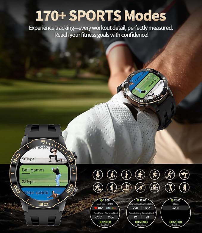 Military Smart Watch for Men(Answer/Calls),1.43''AMOLED Screen,500mAh 5ATM Waterproof,170 Sports Modes, Fitness Tracker Watch with Heart Rate/SpO2/Blood Pressure for Android/iOS,Smartwatch Black