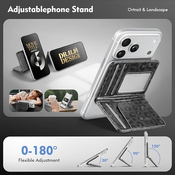 Antsturdy for Magsafe Wallet Stand with Holder,PU Leather RFID Blocking Card Holder,5 Card Slots,Strong Magnet Minimalist Flip Kickstand for iPhone 17/16/15/14/13/12/Pro/Max/Plus/Air,Leopard-Black