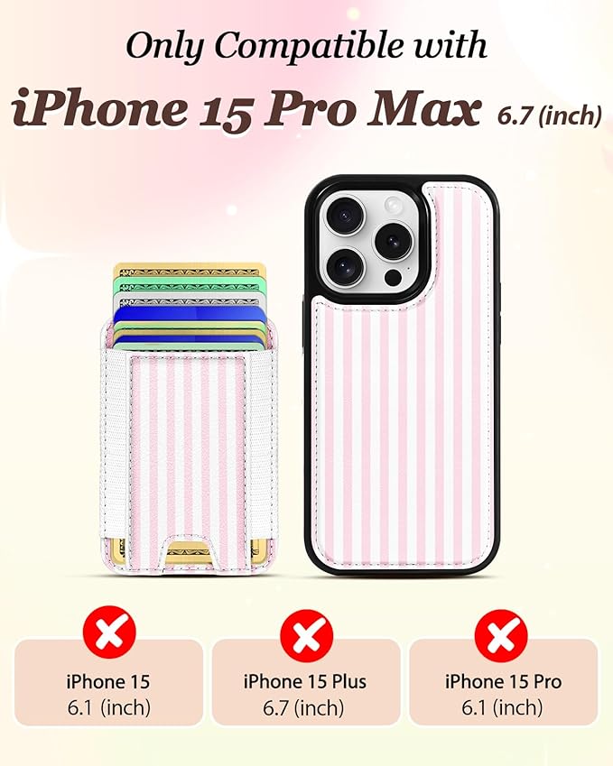 Shorogyt for iPhone 15 Pro Max Case Wallet - Fits 5 Cards, Compatible with Magsafe Detachable Magnetic Credit Card Holder Leather Cardholder Cute Phone Cover Women Girls for Apple 15 ProMax, Striped