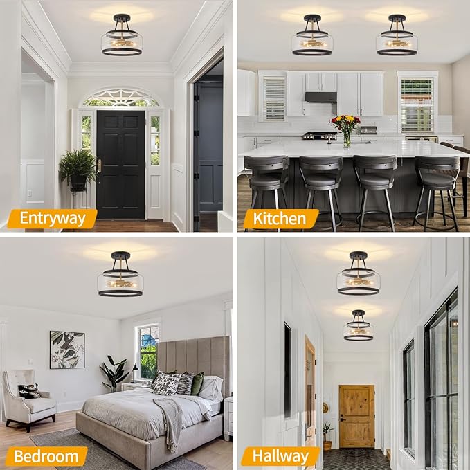 11.81" Black and Brushed Gold Close to Ceiling Light, 3-Light Modern Drum Light Fixtures, Hallway Ceiling Lights, Glass Ceiling Lamp for Entryway Bedroom Laundry Kitchen Dining Room Lighting UL-Listed
