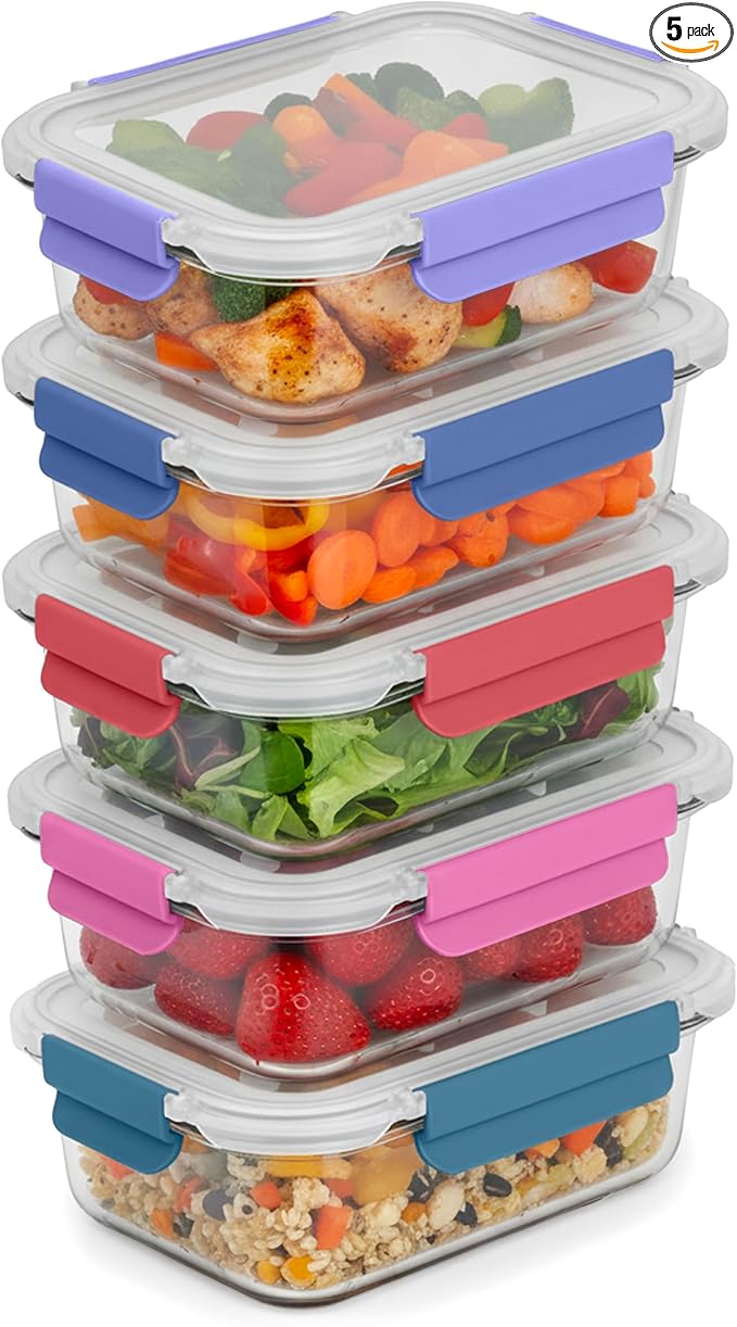 ECOBERI 4.5 Cup Glass Meal Prep Containers with Lids & Silicone Sleeves, 5-Pack Airtight, Leak-Resistant Food Storage Containers for Fridge, Freezer, Oven & Microwave