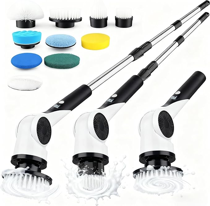 Electric Spin Scrubber with 10 Replaceable Brush Heads, IPX7 Waterproof Shower Scrubber with Long Handle, 3-Speed Adjustable Cleaning Supplies with Rotating Cleaning Brush