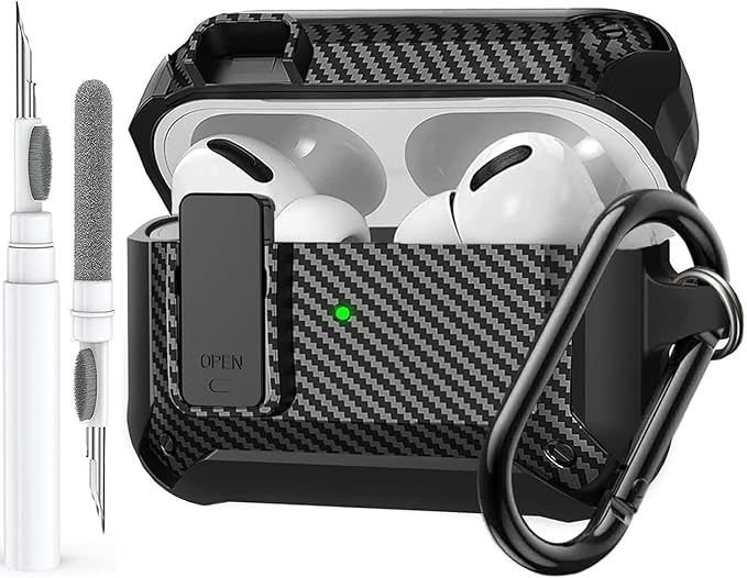 for Airpods Pro 3 Case with Lock Clip, Rugged Apple Airpods Pro 3rd Generation Cover 2025 Men Women, Armor Shockproof iPod Pro3 Gen Protective Hard Shell with Carabiner&Cleaner kit,CF Black