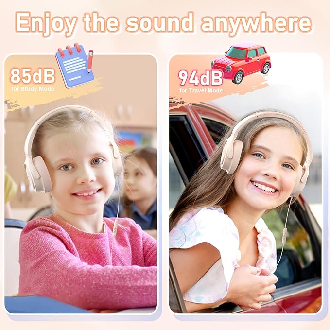 Kids Headphones with Cord-3.5mm Jack 85/94dB Safe Volume Control Built-in Microphone On-Ear Headphones for Kids/Teens/Girls/School/Travel/3.5mm Devices(Beige)