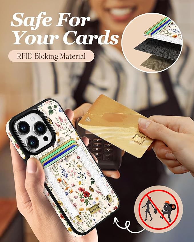 Shorogyt for iPhone 15 Pro Max Case Wallet - Fits 5 Cards, Compatible with Magsafe Detachable Magnetic Credit Card Holder Leather Cardholder Cute Phone Cover Women Girls for Apple 15 ProMax, Floral