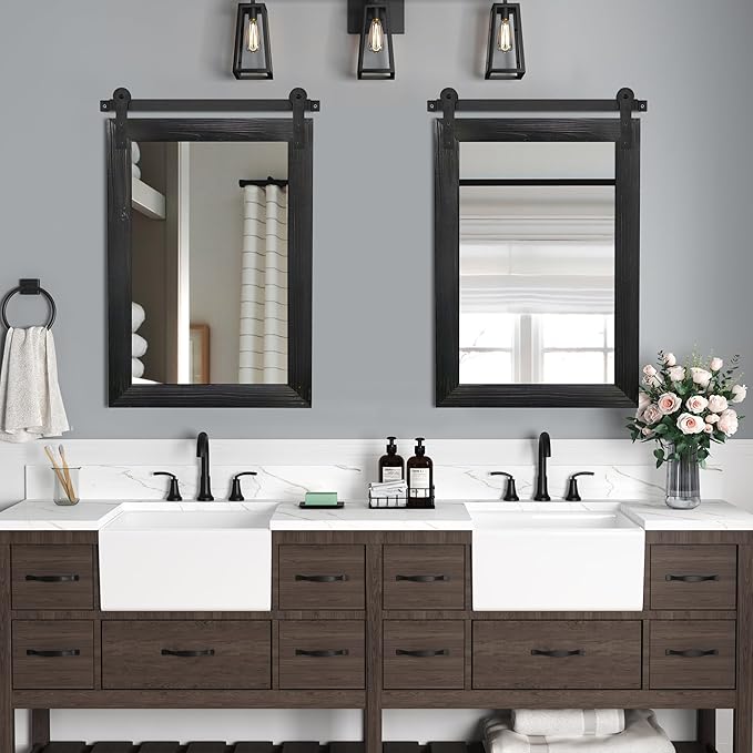 COGOOD Farmhouse Barn Door Mirror - 21 x 30 Rustic Wood Framed Wall Mirror for Bathroom, Living Room, Entryway Wall Decor (Black)