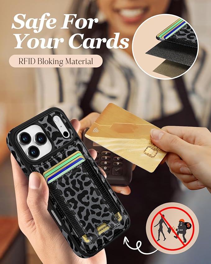 Shorogyt for iPhone 17 Pro Case Wallet - Fits 5 Cards, Compatible with Magsafe Detachable Magnetic Credit Card Holder Leather Cardholder Cute Phone Cover Women Girls for Apple 17Pro, Leopard