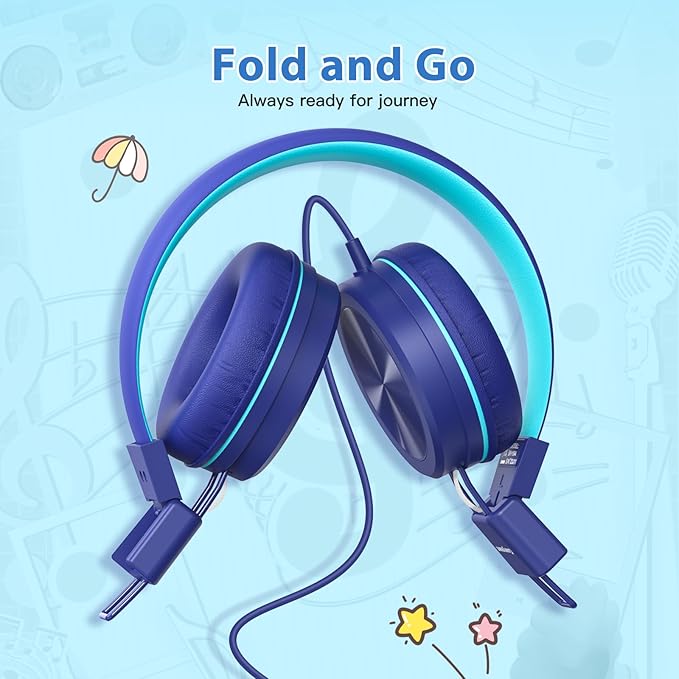 USB Type C Kids Headphones for School, 94dB Volume Limited, Kids Headphones with USB C Cord, HD Stereo Sound, Foldable Lightweight On-Ear USB-C Wired Headphones for Boys/Girls, Dark Blue