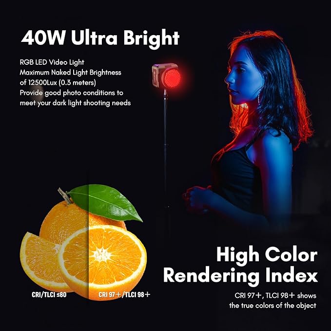 Tolifo Palm-Sized 40W RGB LED Photo Video Camera Light with Built-in Battery, Coldshoe, Diffusor and 60° Lenst, Full Color 2700K-6500K CRI97+/TLCI98+ 20 Scenes for Tiktoker, Vlogger and Streamer