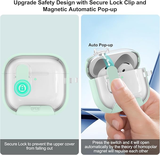 for Airpods 4 Case Clear,Secure Lock for Airpods 4th Generation Case Cover with Phone Stand and Magsafe Function,Auto Pop-up,Hybrid Protection Design with Carabiner&Cleaning Pen-Green