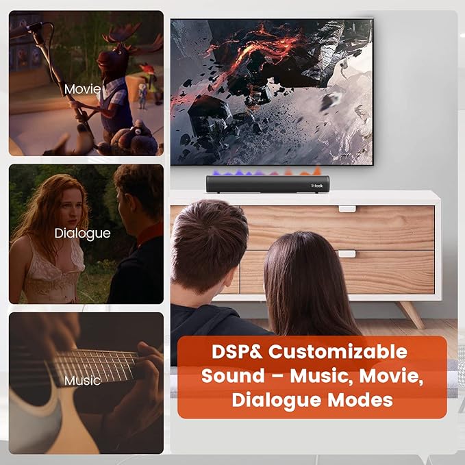 HDMI Sound Bar for Smart TV, Small TV Sound Bar Speakers, Optical/HDMI/Aux/Coax/USB/Bluetooth Connection for TV, PC, Projectors, Includes Remote Control, 16 inch