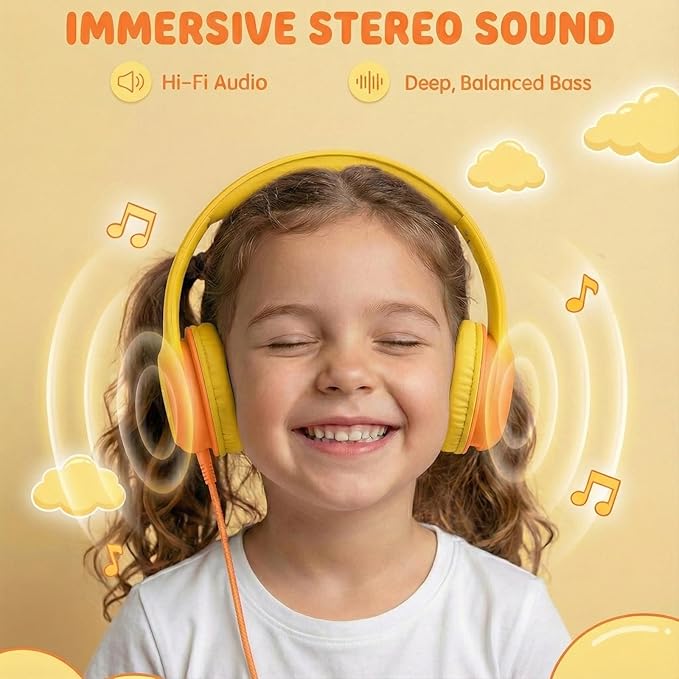 Wired Kids Headphones with USB C Plug, 85dB Safe Volume, Adjustable Headband, Tangle-Free Cord Headphones for School, Tablet, Travel (Yellow & Orange, with Microphone)